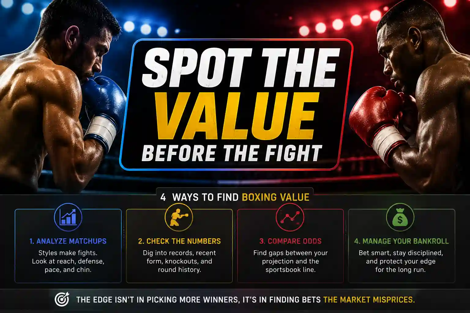 Boxing betting infographic showing four ways to identify value before a fight: analyze matchups, check fighter statistics, compare sportsbook odds, and manage your bankroll.