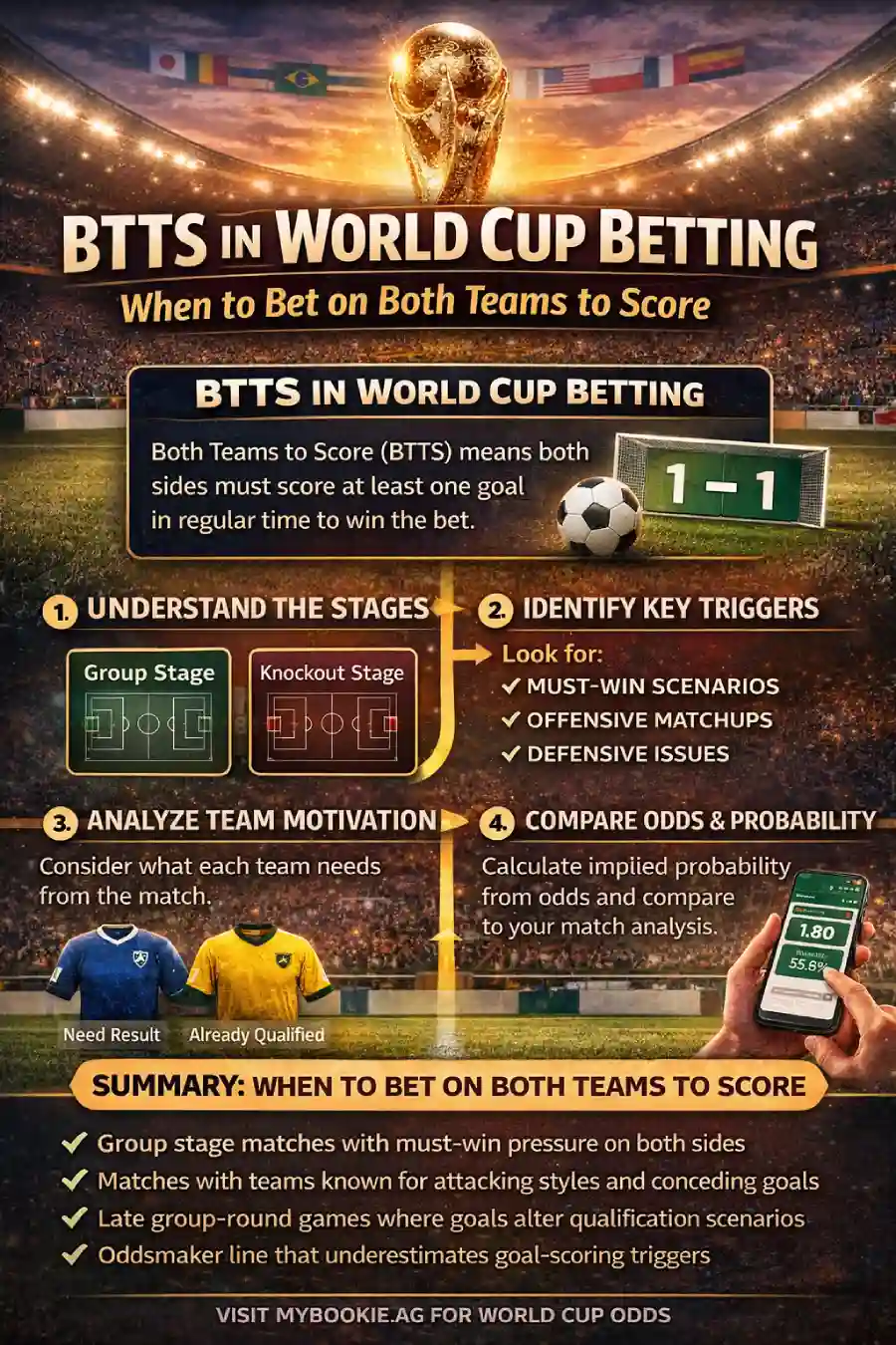 Infographic explaining BTTS World Cup betting, including tournament stages, scoring triggers, team motivation, and odds comparison.