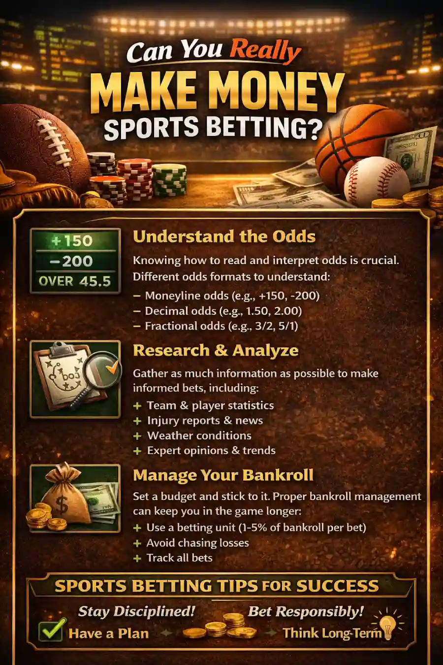 Infographic explaining how sports bettors can become profitable by focusing on value betting, bankroll management, research, and closing line value.