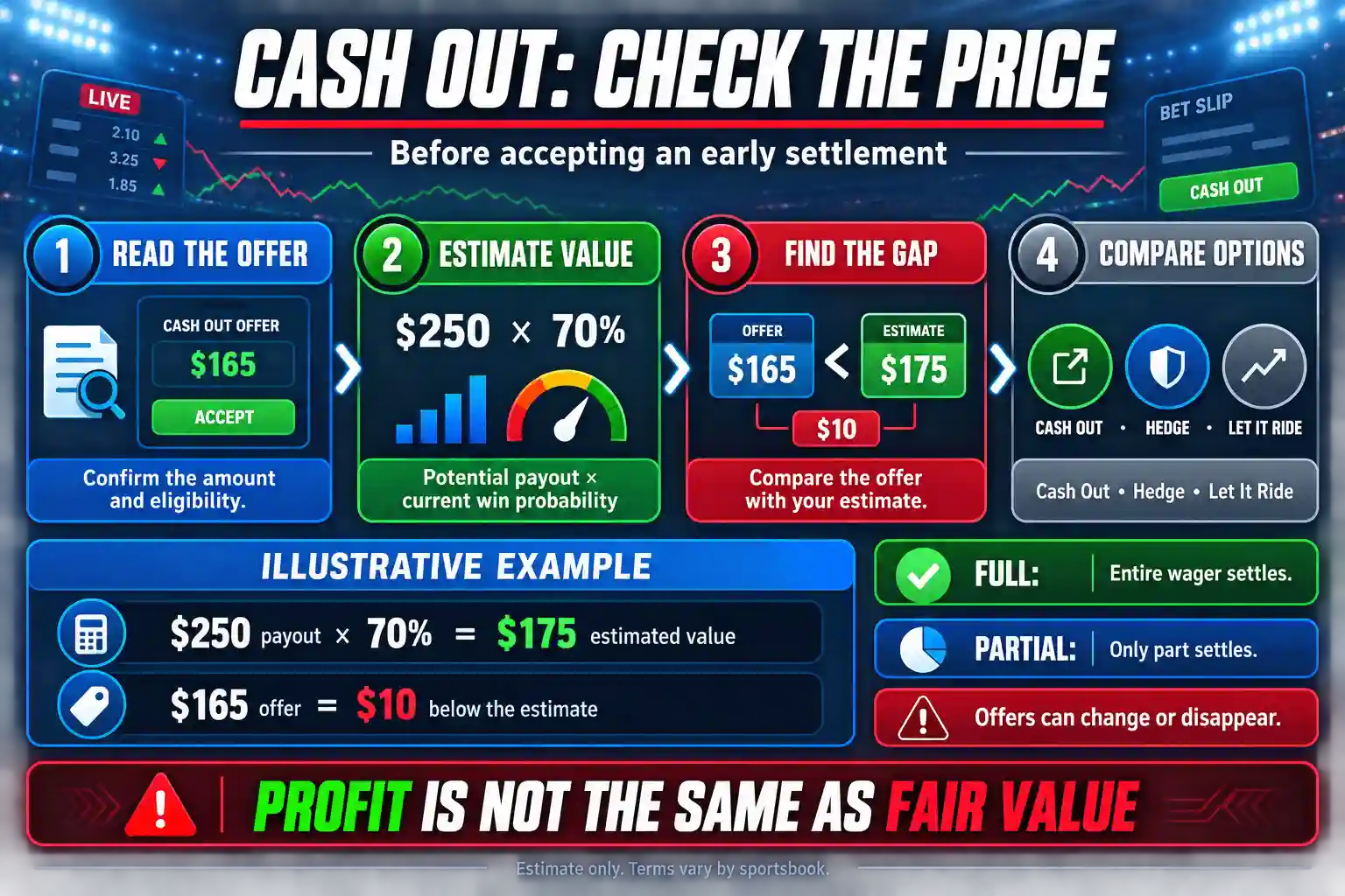 Sports betting cash-out infographic showing how to compare an offer with estimated wager value, hedging, and letting it ride