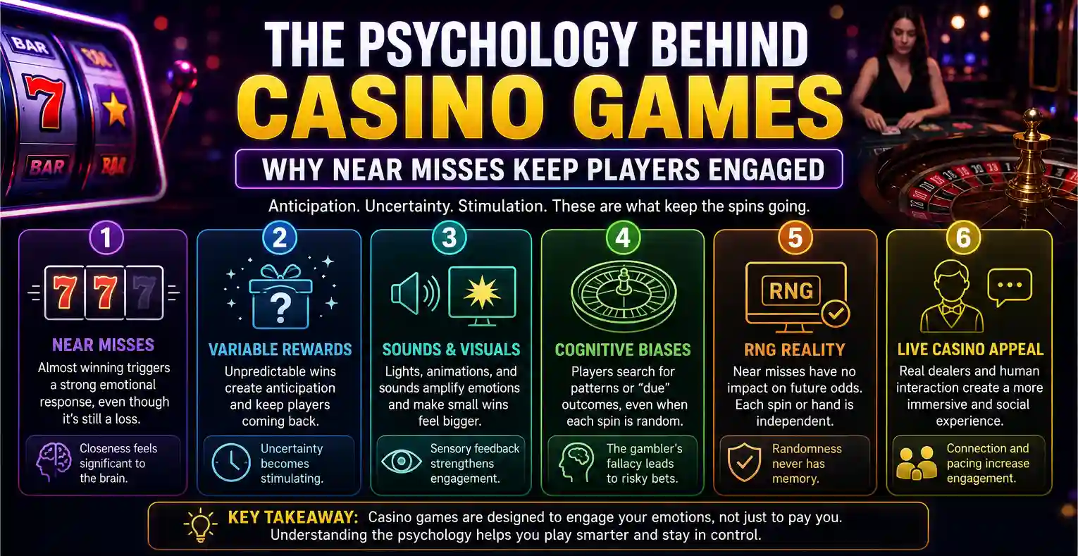 Infographic explaining the psychology behind casino games, including near misses, variable rewards, sounds, visuals, cognitive bias, RNG reality, and live casino appeal