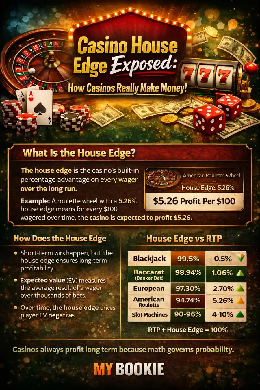 Infographic: Casino House Edge Explained — definition of house edge, example of $5.26 profit per $100 wagered in American roulette, expected value overview, and RTP vs house edge comparison for blackjack, baccarat, European roulette, American roulette, and slot machines.