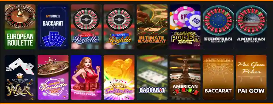 MyBookie table games including European Roulette, American Roulette, Baccarat, Pai Gow Poker, and classic casino table games