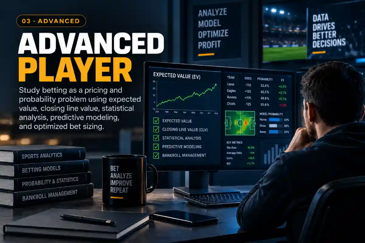 Advanced sports bettor analyzing expected value, closing line value, betting odds and predictive models