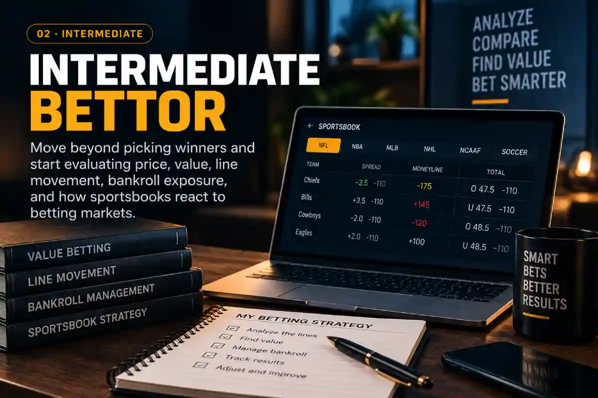 Intermediate sports bettor analyzing betting odds, line movement, value and bankroll strategy