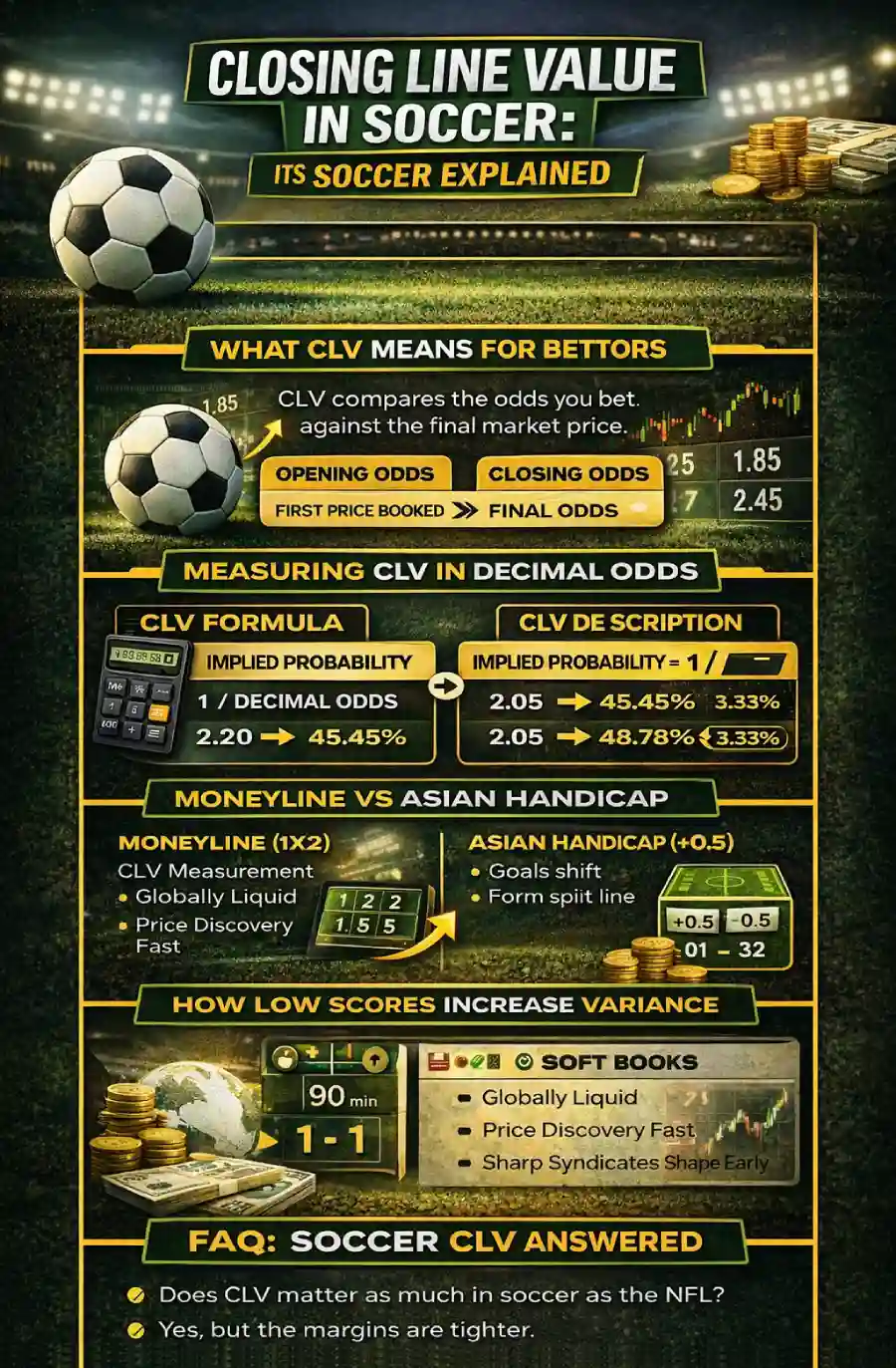 Closing line value (CLV) in soccer infographic showing what CLV means, the implied probability formula (1 ÷ decimal odds), a worked example from 2.20 to 2.05, and how moneyline vs Asian handicap affects CLV measurement in global liquidity-driven markets.