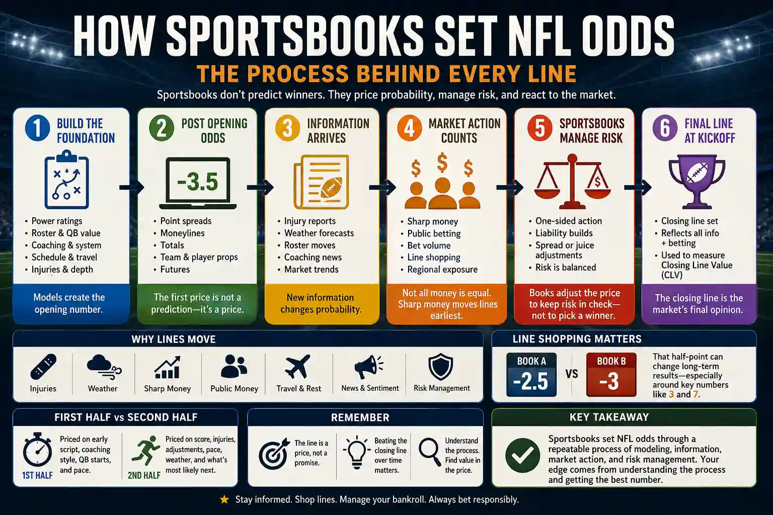 Infographic explaining how college football coaching changes affect betting odds, futures, transfer portal value, and early sportsbook line movement