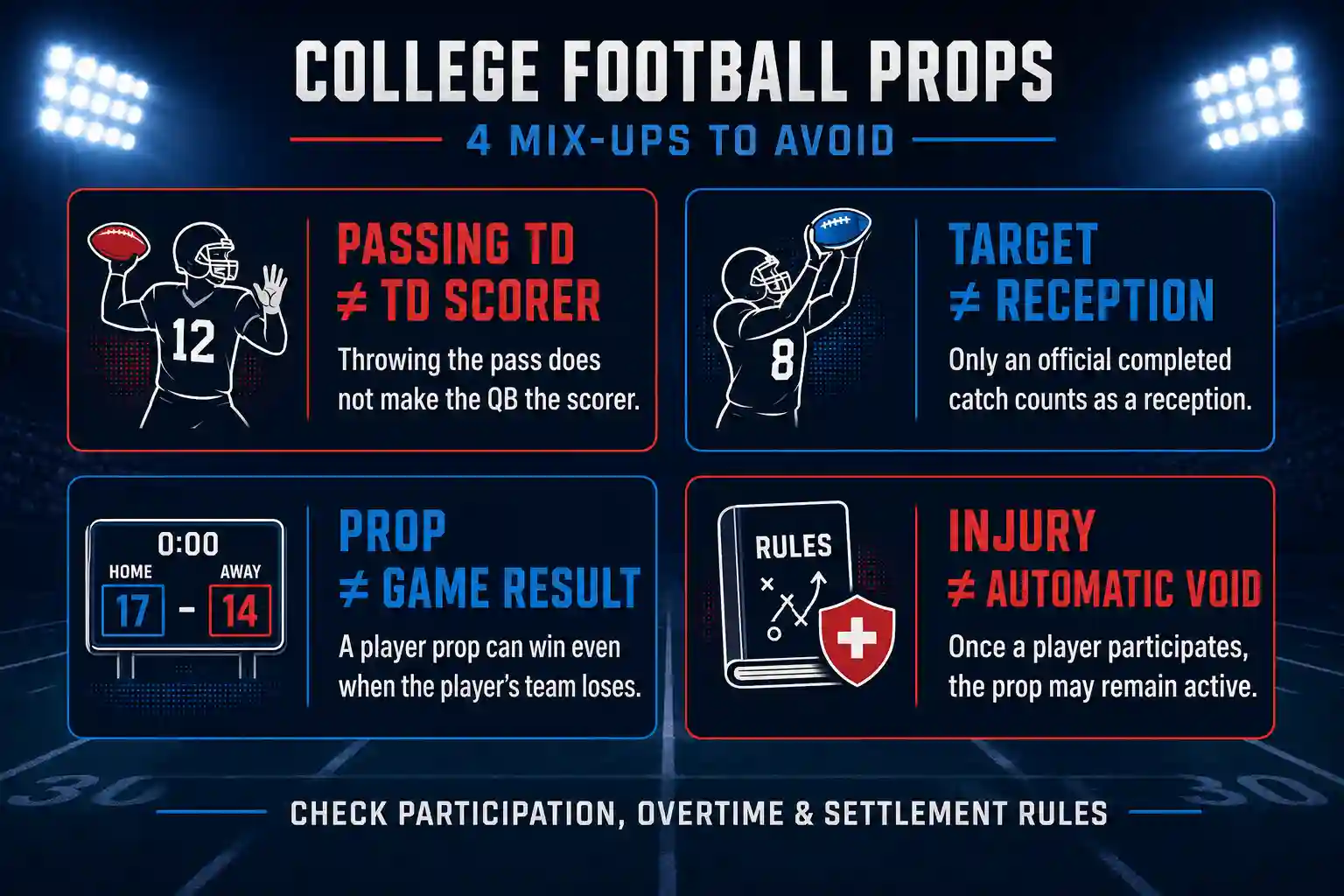 College Football player props infographic explaining passing touchdowns, touchdown scorers, targets, receptions, game results and injury rules