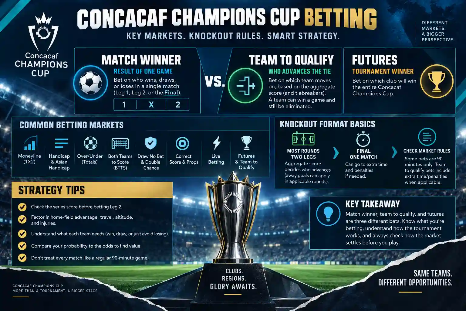 Concacaf Champions Cup betting infographic comparing match winner, team to qualify, futures, common betting markets, knockout rules, and betting strategy