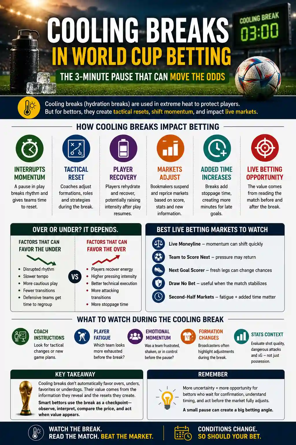 Cooling Breaks in World Cup Betting infographic showing how hydration breaks affect momentum, live betting markets, totals betting, tactical adjustments, player recovery, and added time during FIFA World Cup matches