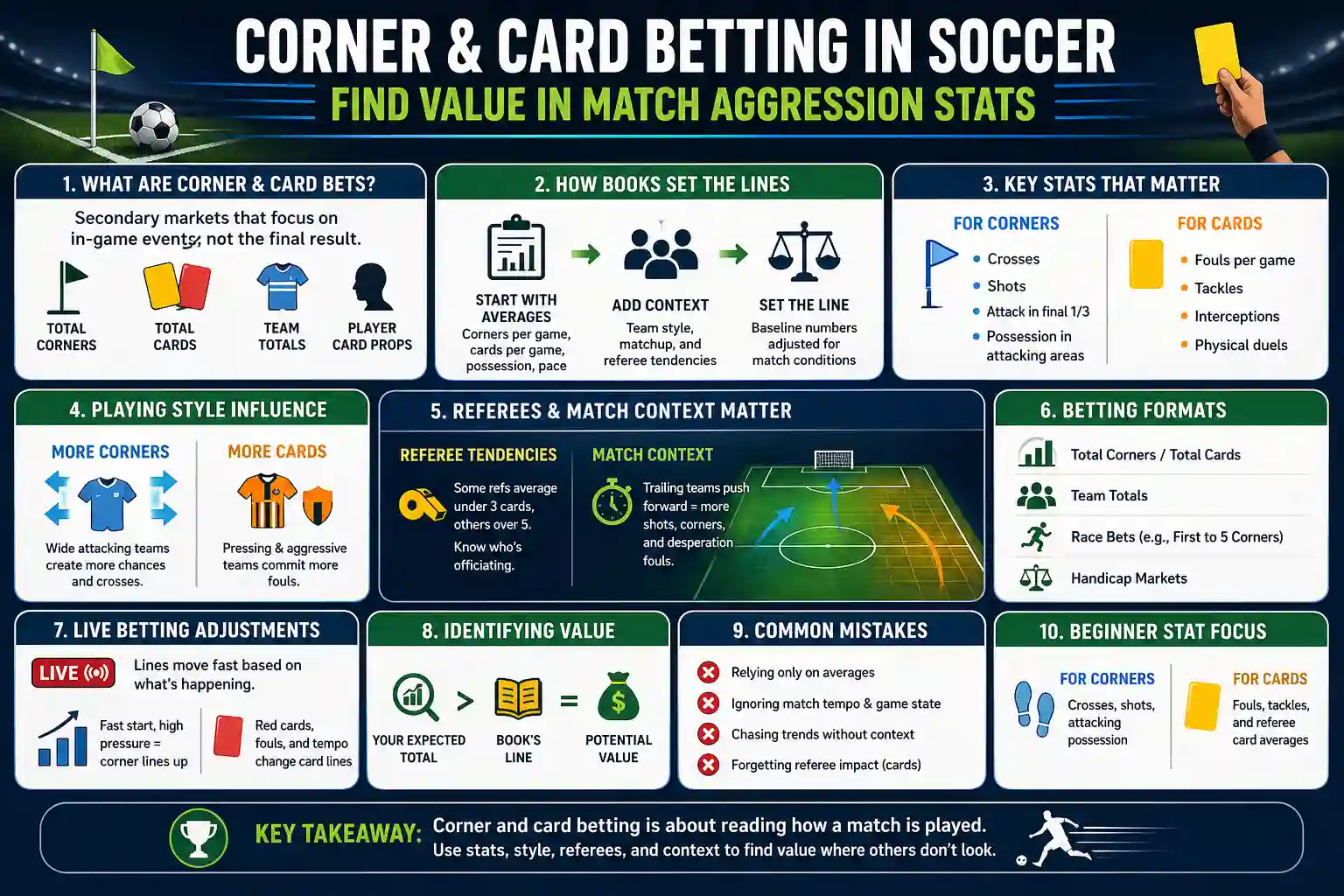Infographic explaining soccer corner and card betting using match aggression stats, referee trends, live betting adjustments, and value betting strategy