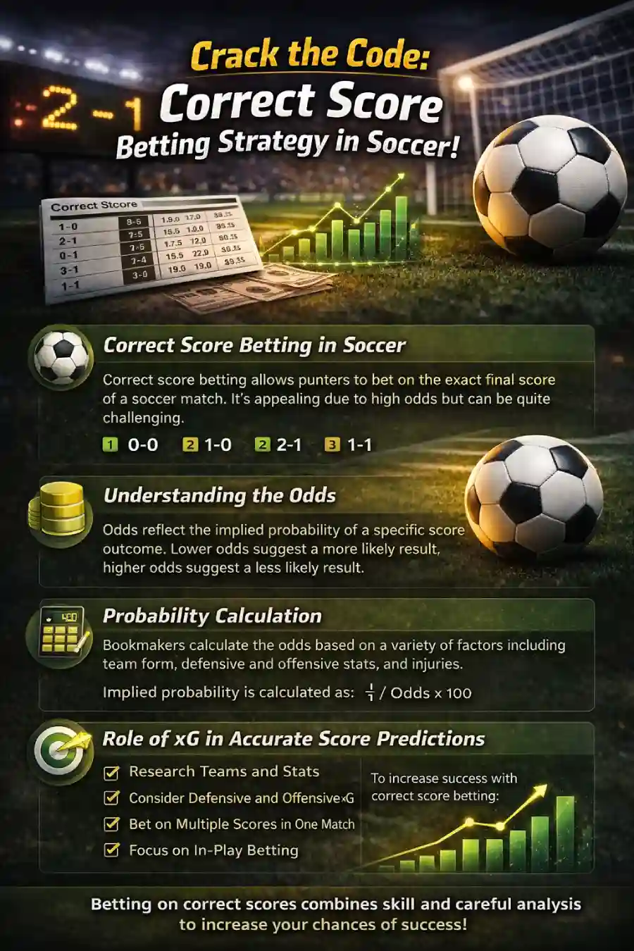 Infographic explaining correct score betting strategy in soccer, including how correct score odds work, why payouts are higher, how sportsbooks calculate probability, how team scoring trends and xG influence scorelines, and how bankroll discipline and live betting affect decision-making.