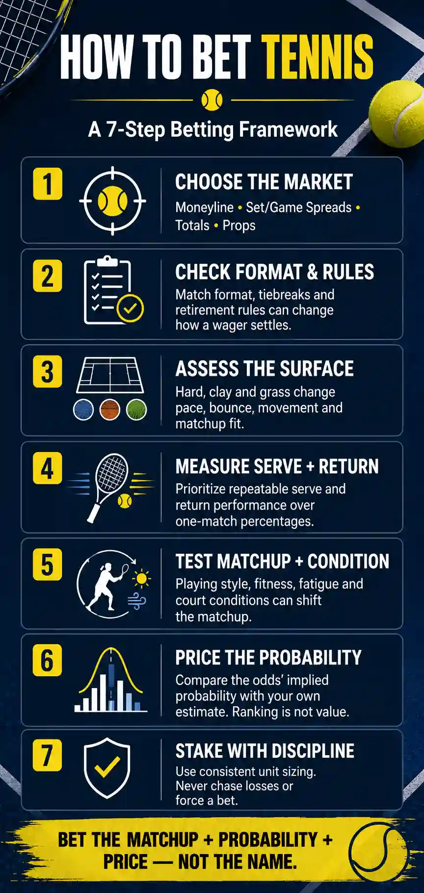 How to bet tennis infographic showing seven steps covering betting markets, match rules, court surface, serve and return performance, matchup conditions, probability, and bankroll discipline
