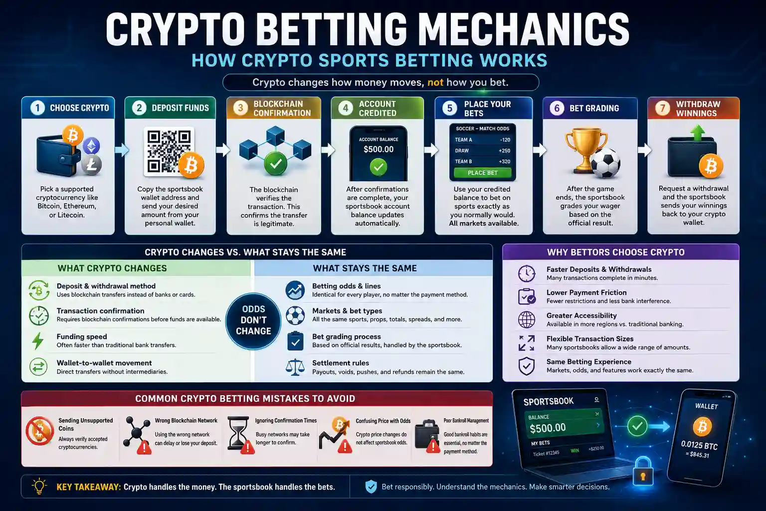 Crypto betting mechanics infographic showing how crypto sports betting works from wallet deposit and blockchain confirmation to bet placement, grading, and withdrawal