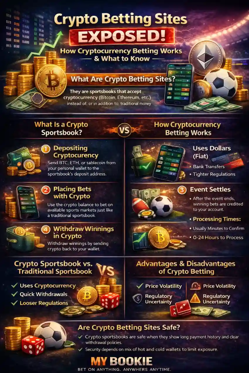 Crypto betting sites infographic explaining what crypto sportsbooks are, how cryptocurrency betting works (deposit, bet, settle, withdraw), crypto sportsbook vs traditional sportsbook, pros and cons, safety checks, and live in-play crypto betting.