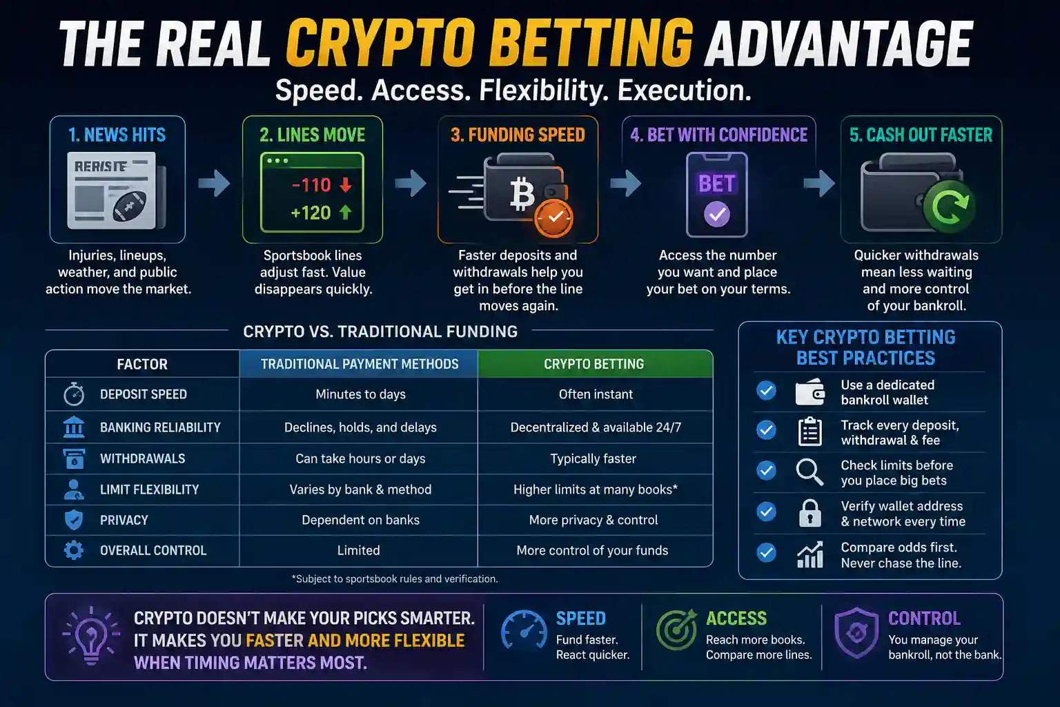 Infographic explaining how crypto betting can improve sportsbook funding speed, betting access, withdrawals, and bankroll control