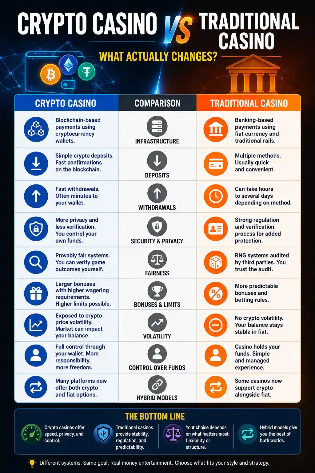 Infographic comparing crypto casinos vs traditional casinos across deposits, withdrawals, privacy, fairness, bonuses, volatility, and control over funds
