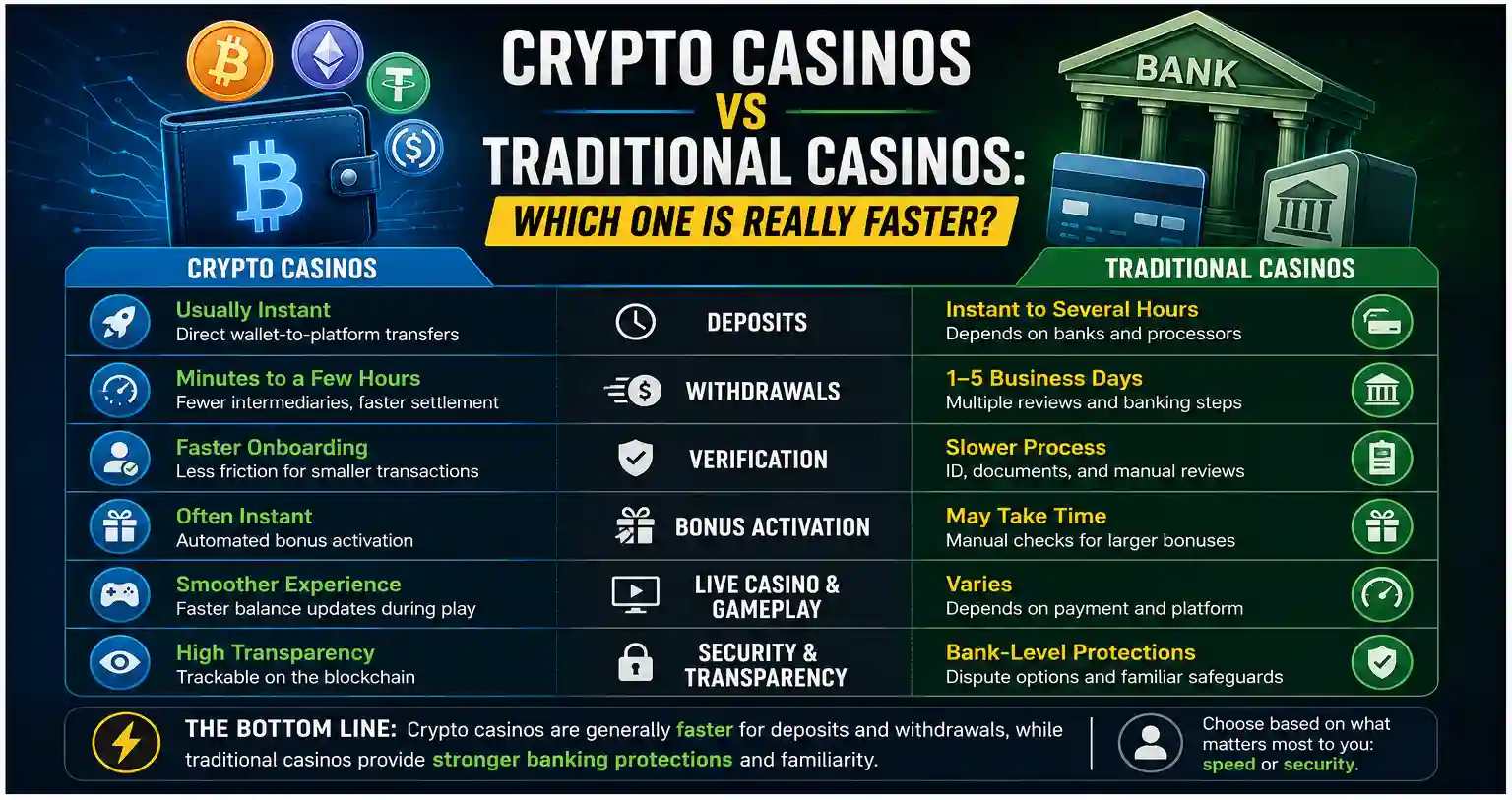 Crypto casinos vs traditional casinos speed comparison infographic