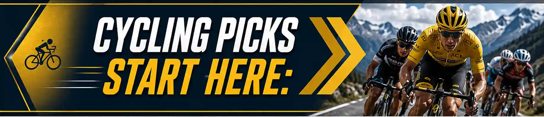 Slim horizontal banner reading Cycling Picks Start Here with cyclists racing on a mountain road.