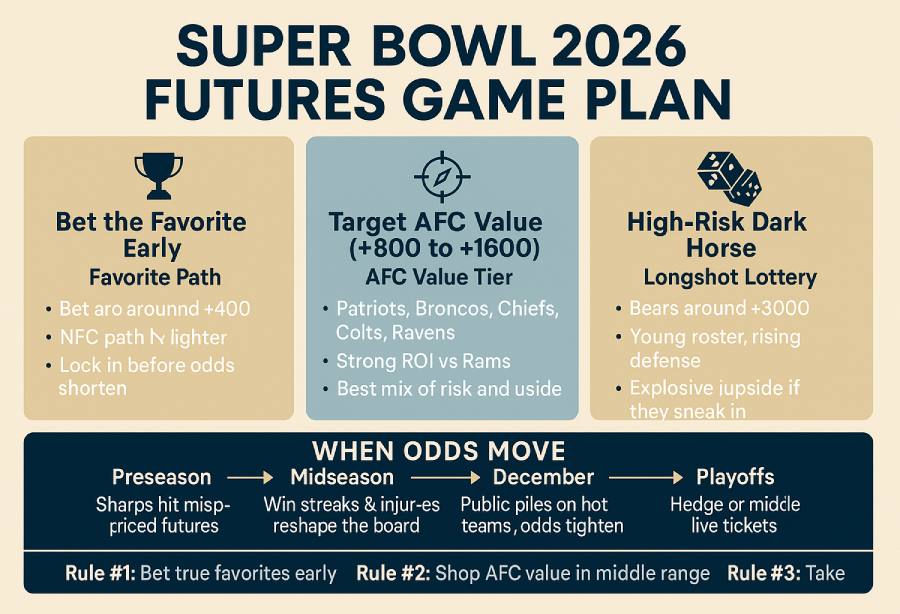 Infographic showing a Super Bowl 2026 futures betting game plan with separate paths