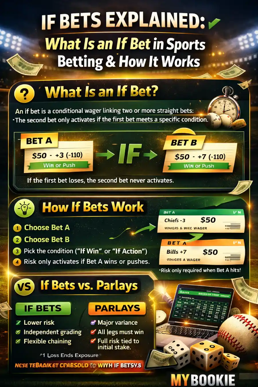 If bets infographic explaining what an if bet is, how if bets work (If Win vs If Action), step-by-step placement, and if bets vs parlays for bankroll control