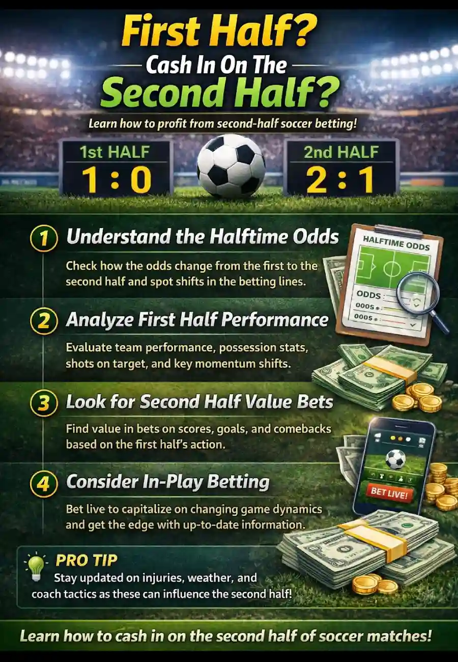 Infographic explaining first half and second half soccer betting, including first half markets, halftime odds adjustments, second half betting lines, full match versus first half totals, and how live soccer betting reacts to match flow.