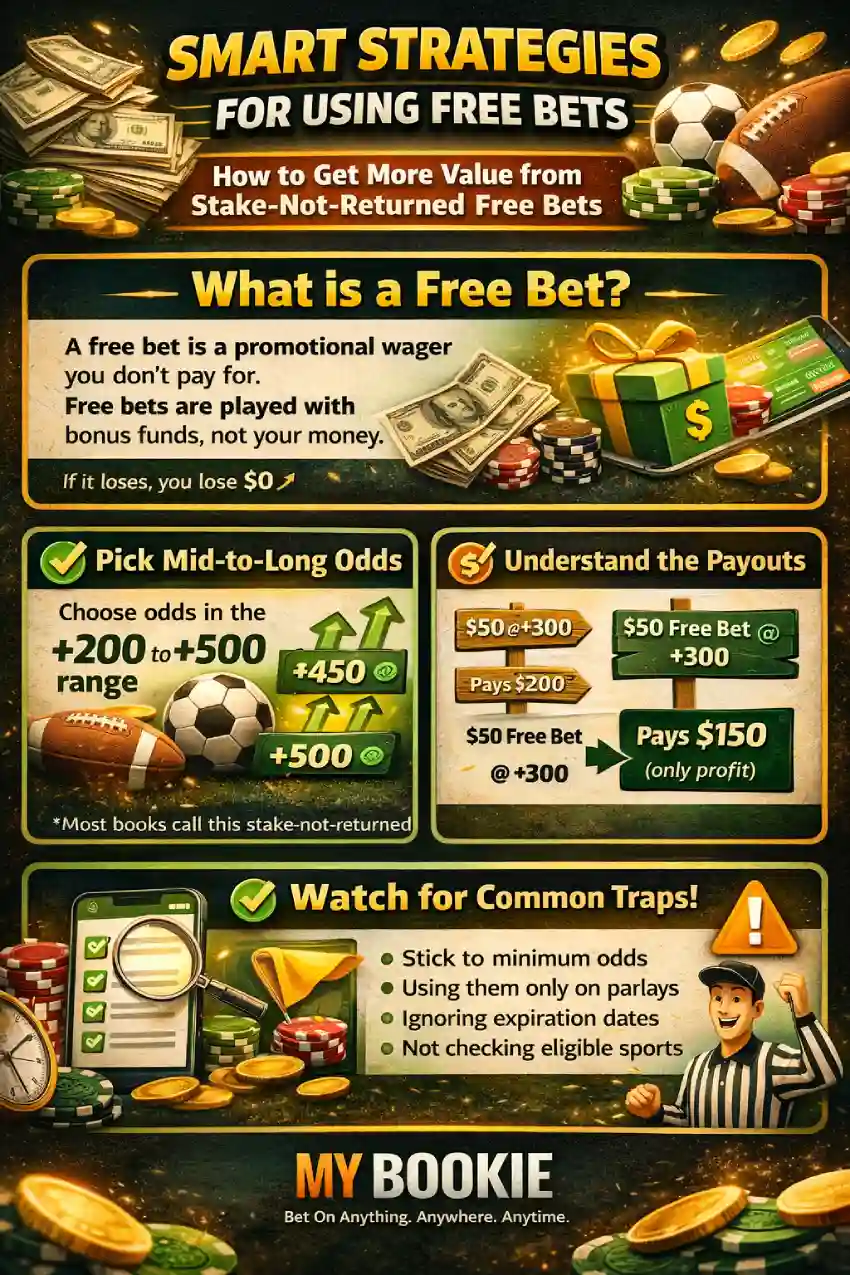 Free Bets Explained infographic showing how bonus bets work, best odds to use, common restrictions, free bet vs risk-free bet differences, and key FAQs for sportsbook free bets