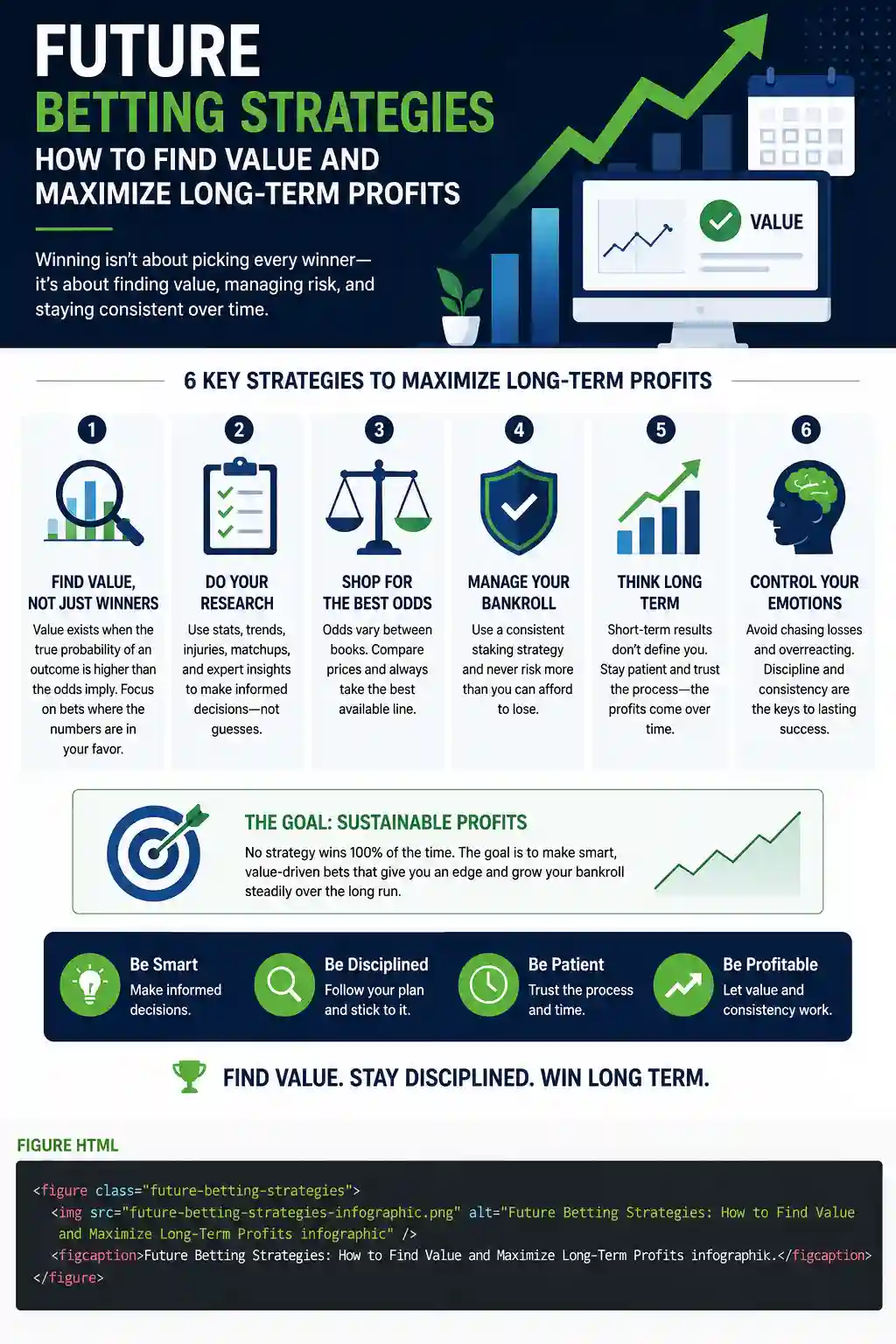 Future betting strategies infographic showing value, odds shopping, bankroll discipline, and long-term profit tips