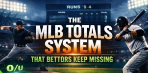 MLB totals betting system graphic showing over under 8.5 runs with baseball players and betting data visuals