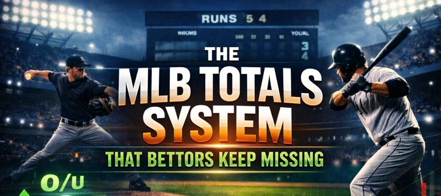 MLB totals betting system graphic showing over under 8.5 runs with baseball players and betting data visuals