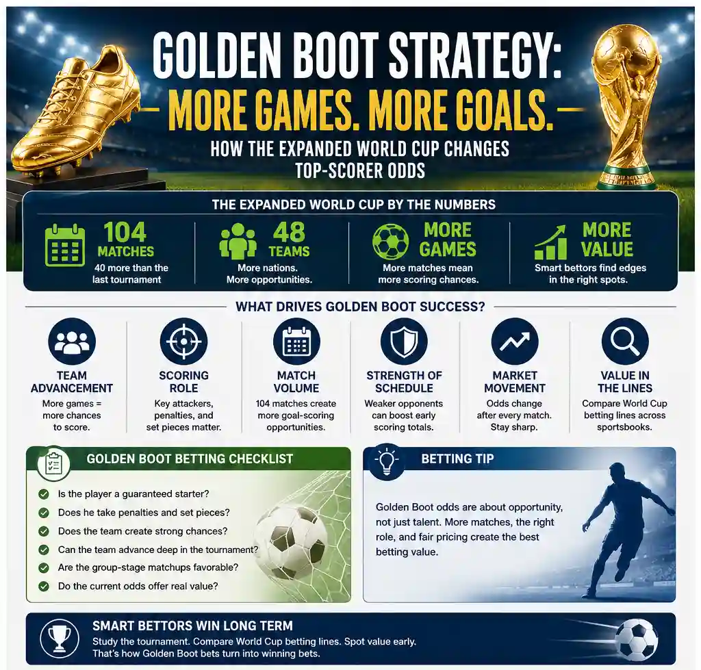 World Cup Golden Boot betting infographic showing how 104 matches, team advancement, scoring role and World Cup betting lines affect top-scorer futures odds.