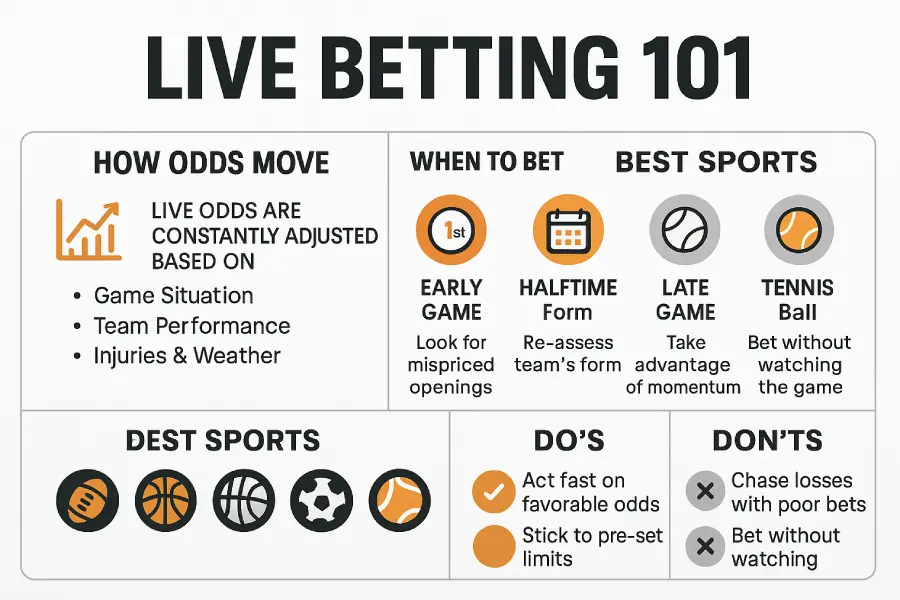 Live Betting 101 infographic explaining how live odds move, when to bet, top live betting sports, and key do’s and don’ts