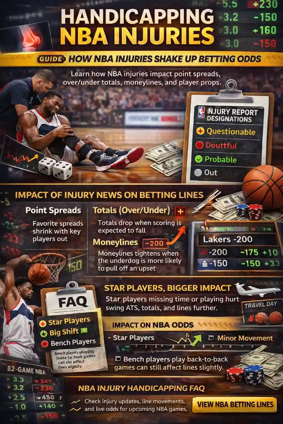 Handicapping NBA injuries infographic showing injury report designations, how injury news moves point spreads, totals, and moneylines, and why star players and late injury updates matter for NBA betting odds