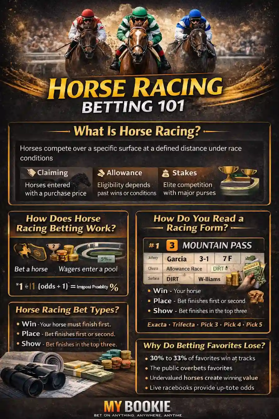 Infographic: Horse Racing Betting 101 — what horse racing is, how parimutuel betting pools work, how odds and implied probability behave, core bet types (Win/Place/Show and exotics), how to read a racing form, why favorites lose (30%–33% win rate), and how value shows up in live racebook odds.