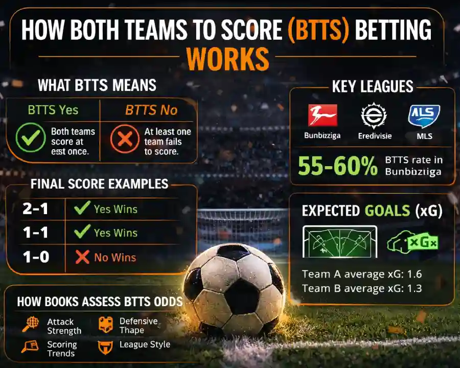 Infographic explaining how Both Teams to Score (BTTS) betting works in soccer, including BTTS Yes and No outcomes, final score examples, expected goals, key leagues, and how sportsbooks price BTTS odds.