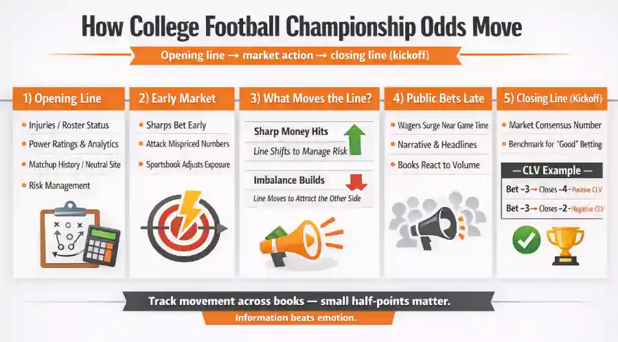 How College Football Championship Odds Move infographic showing the opening line, early sharp action, what triggers line movement, public betting closer to kickoff, and why the closing line and CLV matter.