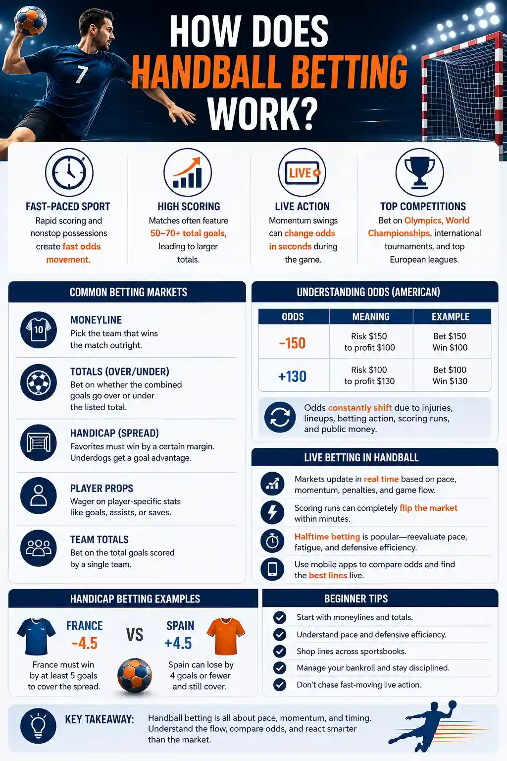 Infographic explaining how handball betting works, including odds, totals, handicaps, live betting, common markets, competitions, and beginner tips.