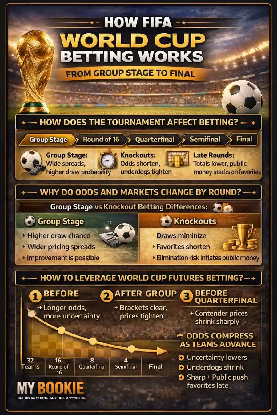 Infographic explaining how FIFA World Cup betting works from group stage to final, showing how odds and markets change by round and when futures value shifts.