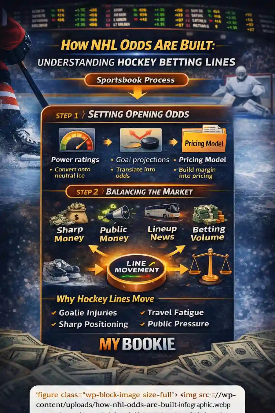 Infographic showing how NHL odds are built and why hockey betting lines move: opening odds, market balancing, and key line-move drivers like sharp money, goalie news, travel, and betting volume.