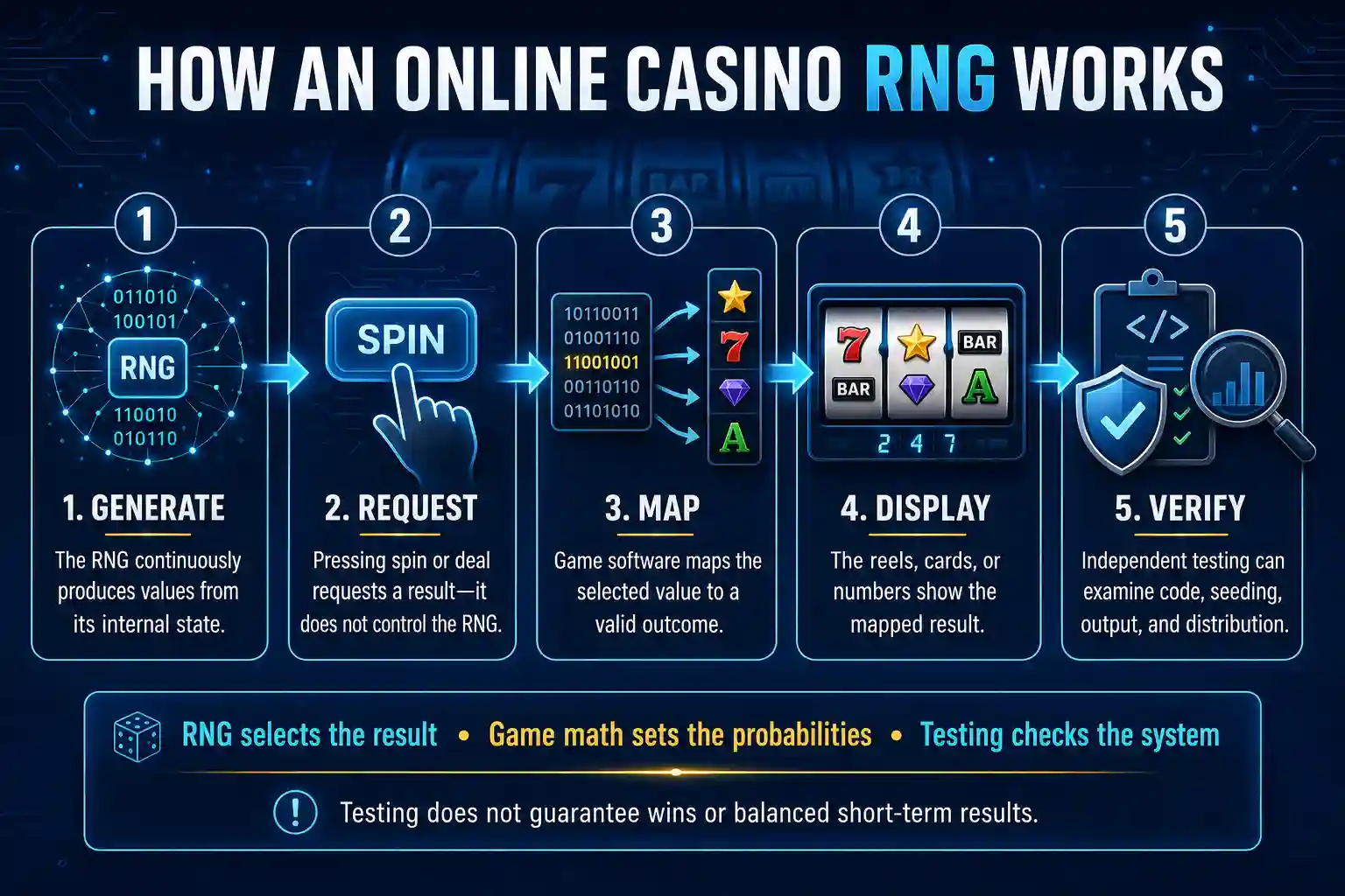 How an online casino RNG generates a value, maps it to a valid game outcome, displays the result, and undergoes independent testing