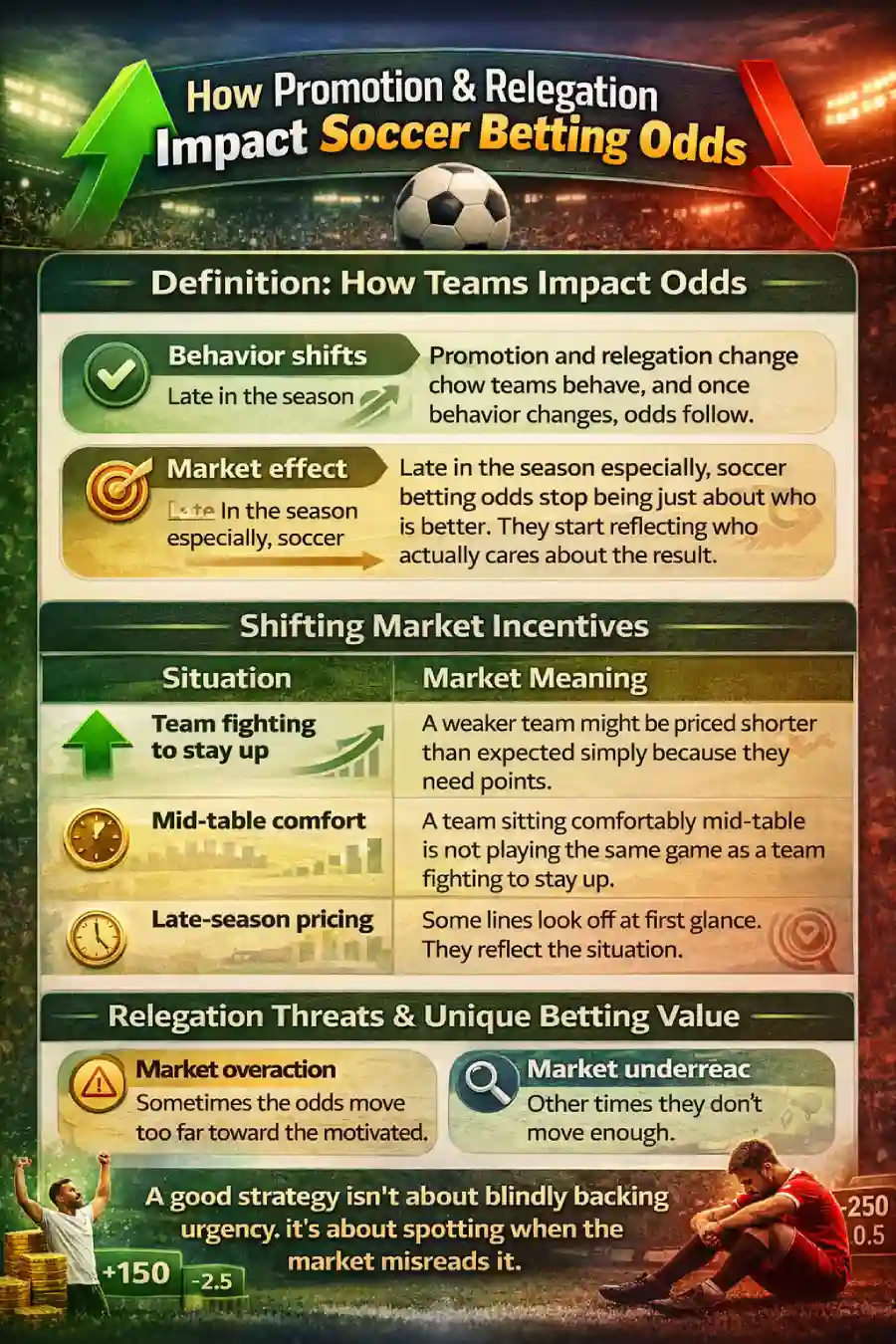 Infographic showing how promotion and relegation impact soccer betting odds, including urgency-based pricing, late-season line movement, promotion race pressure, relegation-threat value, live betting shifts, and incentive-driven market behavior.