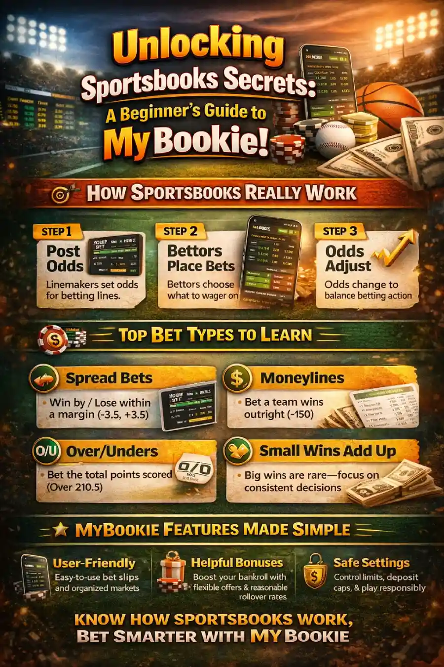 How Sportsbooks Work infographic: how lines are set, why odds move, key bet types, bet slip basics, grading and payouts, rollover requirements, and MyBookie features for beginners