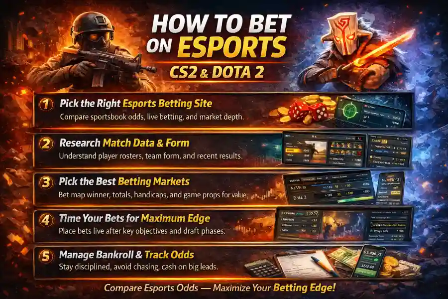How to bet on esports infographic for CS2 and Dota 2: pick the right esports betting site, understand esports betting odds, compare sportsbook pricing for value, choose key markets (match winner, handicaps, totals, objective props), time live bets, and manage bankroll.