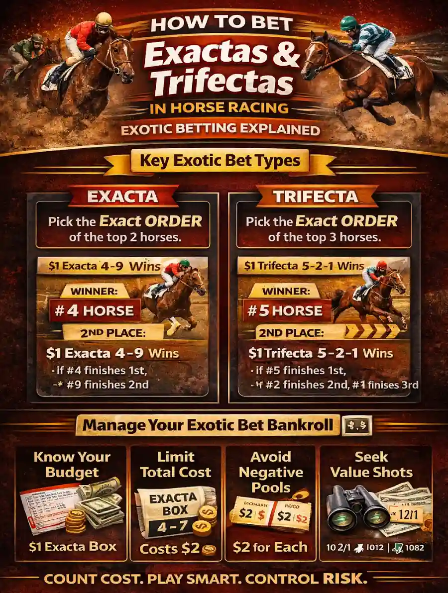 Infographic: How to Bet Exactas and Trifectas in Horse Racing — exacta vs trifecta definitions, order rules, example tickets, basic boxing/keying concepts, and bankroll tips for exotic wagers.