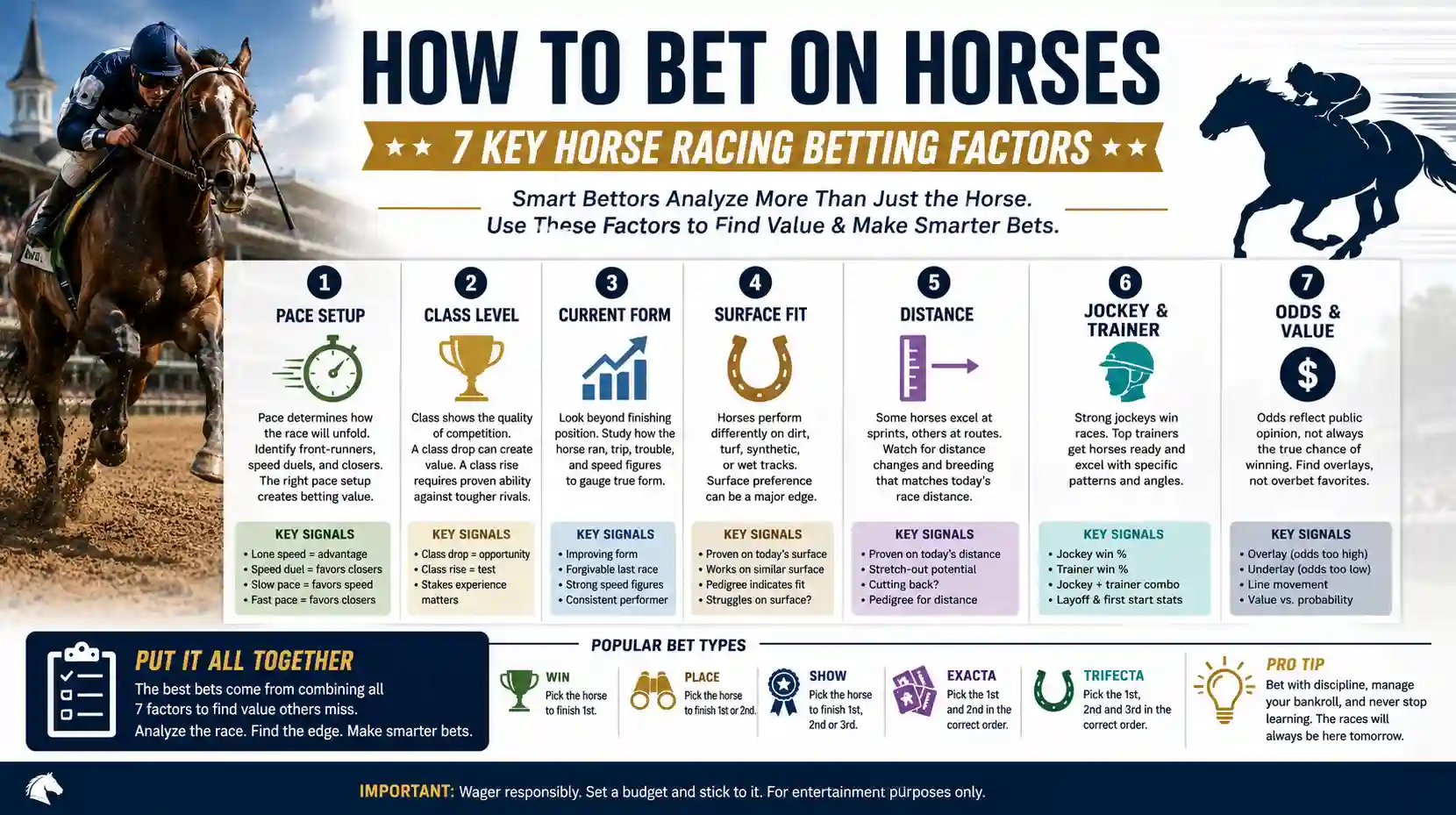How to bet on horses infographic showing seven key horse racing betting factors including pace, class, form, surface, distance, jockey and trainer patterns, odds and value