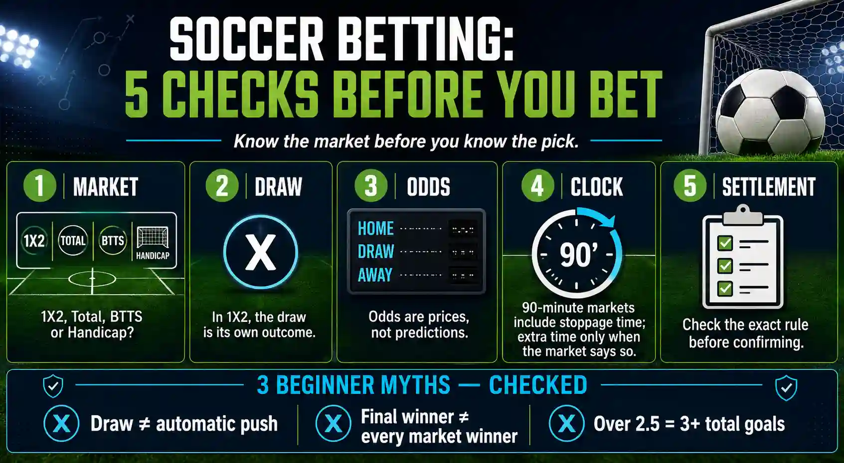 How to bet on soccer infographic explaining five checks beginners should make before placing a soccer bet, including market, draw, odds, match time, and settlement rules.