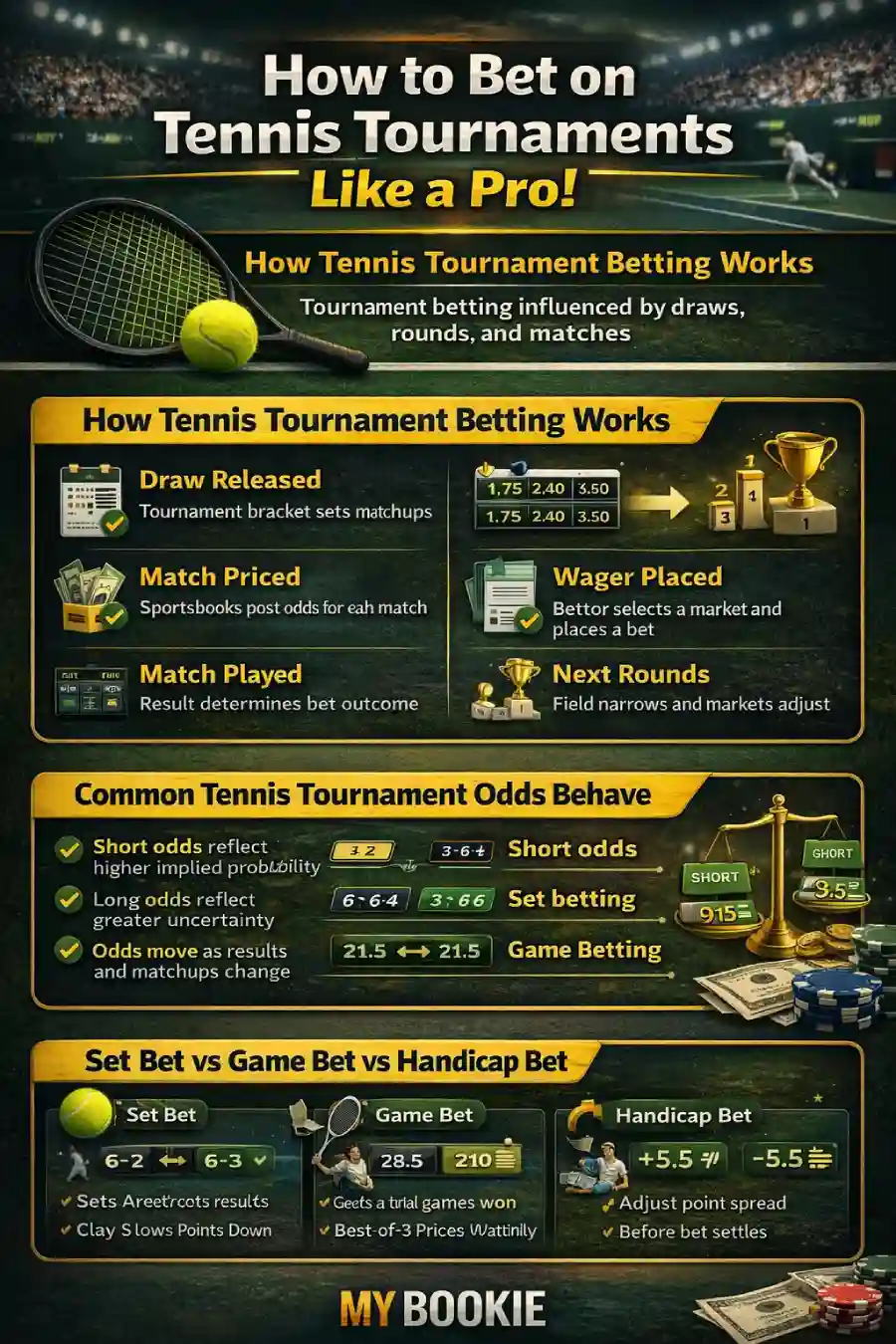 Infographic: How to bet on tennis tournaments — how tournament betting works (draw released, match priced, wager placed, match played, next rounds), how odds behave (short odds vs long odds, odds move as results and matchups change), and how set, game, and handicap bets differ.