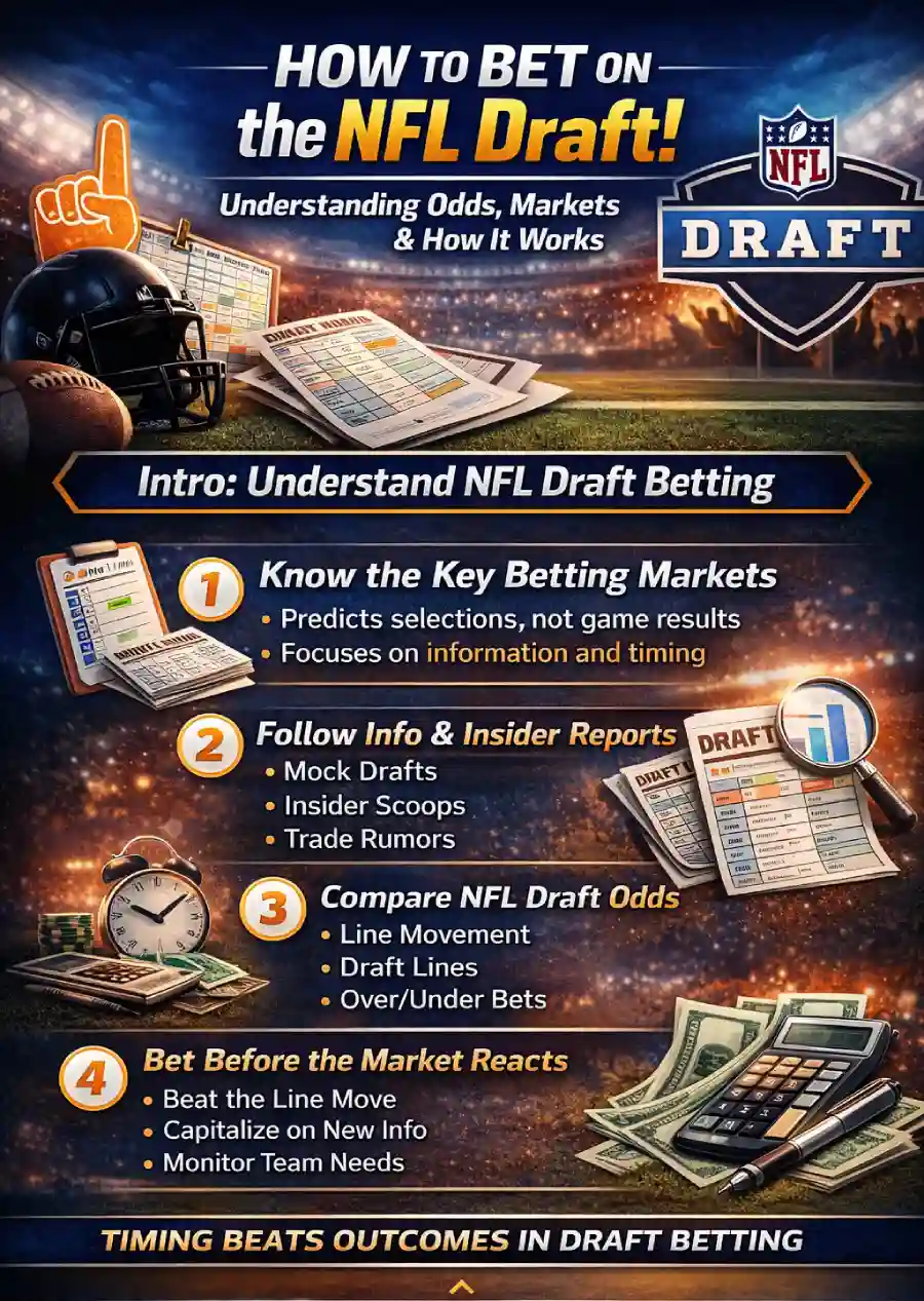 How to bet on the NFL Draft infographic explaining odds, markets, line movement, insider reports, and timing strategies
