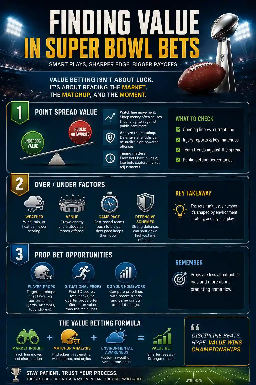 Infographic explaining how to find value in Super Bowl bets using point spreads, over/under factors, prop bets, market movement, matchup analysis, and betting timing.