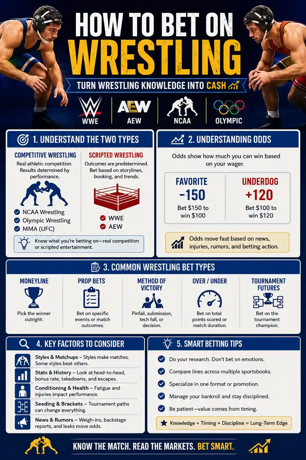Infographic explaining how to bet on wrestling, including competitive vs scripted wrestling, odds, bet types, key factors, and smart betting tips.